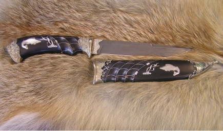 Нож Фауна (Булат, деревянные ножны, мельхиоровое литьё, инкрустация серебром)